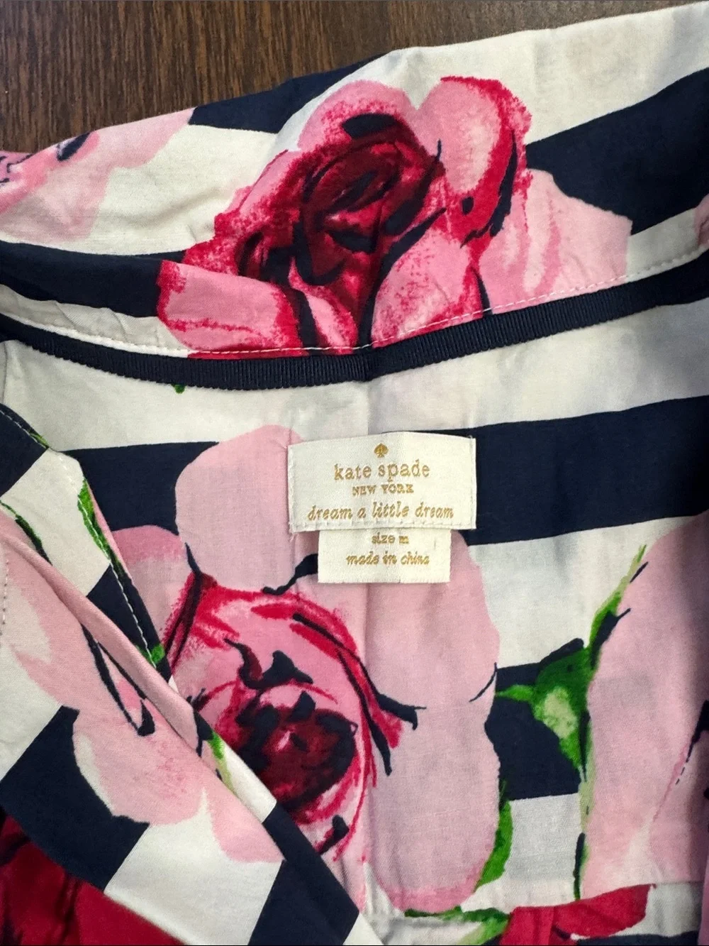 kate spade Navy & White Striped Shirt with Pink & Red Rose Print